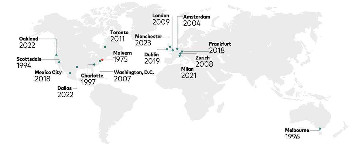 Map of the world showing the location of all 16 Vanguard offices. These are spread across North America, Central America, Europe and Australia. 