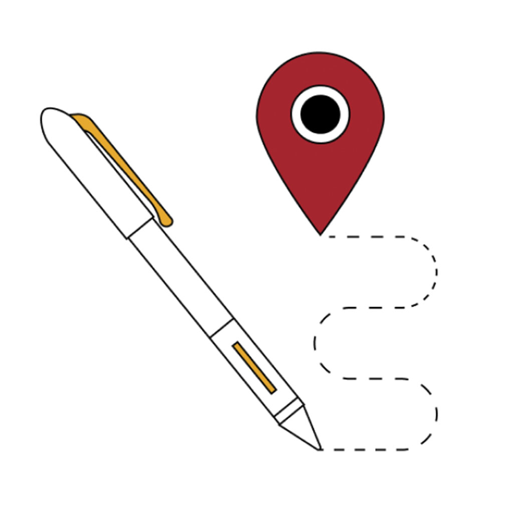 Illustrative pen drawing a dotted line to a red, location icon