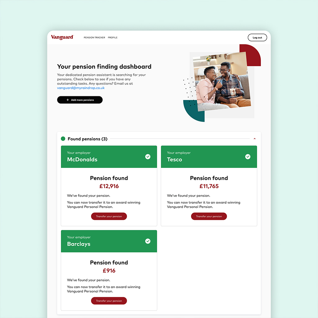 A screenshot showing an example of the pension finding dashboard A screenshot showing an example of the pension finding dashboard