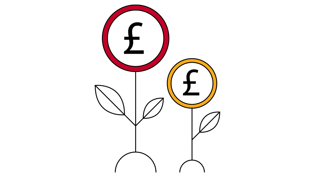 Icon showing two pound coin symbols inside red and yellow circles Icon showing two pound coin symbols inside red and yellow circles